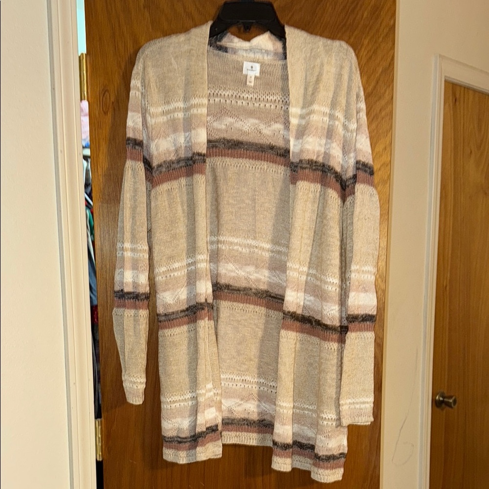 Dressbarn Cream and Brown Striped Open-Front Cardigan